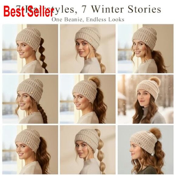 Fleece Lined Merino Wool Beanie Hidden Ponytail Hole Detachable Pom Chic main image 6